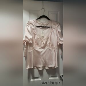 Francesca's Collections Pink Satin Blouse with Lace Trim